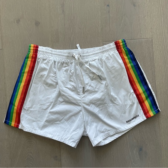 DSQUARED2 White Swim Shorts with Rainbow Stripe - Picture 4 of 9